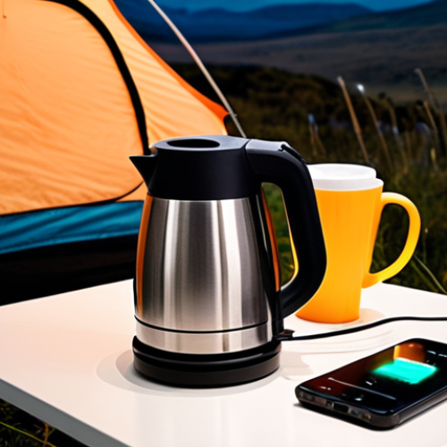 Home 4 A sleek, modern portable electric kettle being used in three distinct settings: a minimalist hotel room on a trip, a bustling office desk with a quick coffee, and a cozy camping tent under the stars. The scenes should convey convenience, portability, and the kettle's essential role in a busy, on-the-go lifestyle. Emphasize ease of use and a sense of comfort.