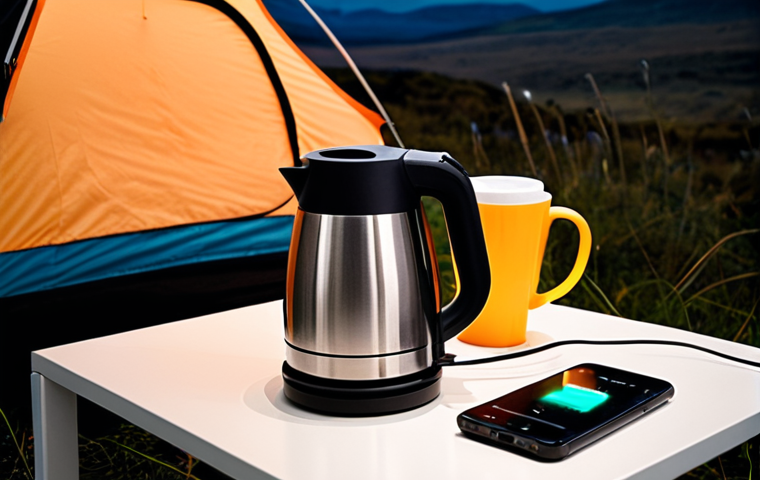 A sleek, modern portable electric kettle being used in three distinct settings: a minimalist hotel room on a trip, a bustling office desk with a quick coffee, and a cozy camping tent under the stars. The scenes should convey convenience, portability, and the kettle's essential role in a busy, on-the-go lifestyle. Emphasize ease of use and a sense of comfort.