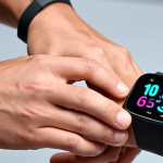 A close-up shot of hands effortlessly changing a smartwatch strap using a quick-release pin. The smartwatch should be on a wrist, with the removed old strap and a new one (perhaps a sleek leather or vibrant silicone) neatly arranged beside it, emphasizing ease of personalization and quick transformation. The background is blurred, focusing on the action.