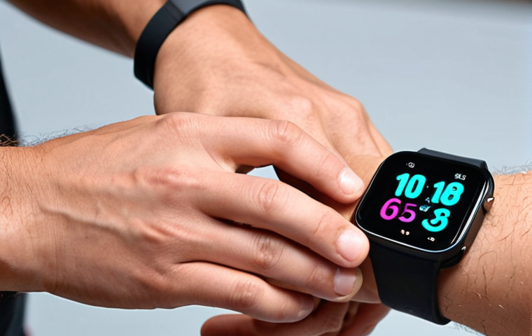 A close-up shot of hands effortlessly changing a smartwatch strap using a quick-release pin. The smartwatch should be on a wrist, with the removed old strap and a new one (perhaps a sleek leather or vibrant silicone) neatly arranged beside it, emphasizing ease of personalization and quick transformation. The background is blurred, focusing on the action.