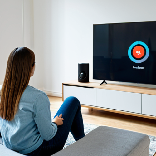 Home 7 **
A modern, well-lit living room featuring a fully clothed woman comfortably sitting on a sofa. In the background, there's a smart TV displaying a streaming service interface and a smart speaker on a nearby table. The room has a mesh router visible, indicating strong Wi-Fi. The scene is safe for work, appropriate content, fully clothed, and family-friendly. The image should have perfect anatomy, correct proportions, and a natural pose. It should be professional photography with high quality.
**