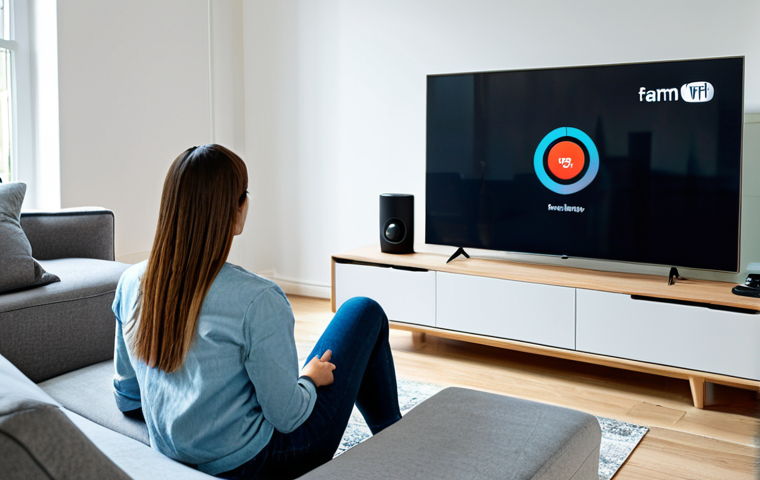 **

A modern, well-lit living room featuring a fully clothed woman comfortably sitting on a sofa. In the background, there's a smart TV displaying a streaming service interface and a smart speaker on a nearby table. The room has a mesh router visible, indicating strong Wi-Fi. The scene is safe for work, appropriate content, fully clothed, and family-friendly. The image should have perfect anatomy, correct proportions, and a natural pose. It should be professional photography with high quality.

**