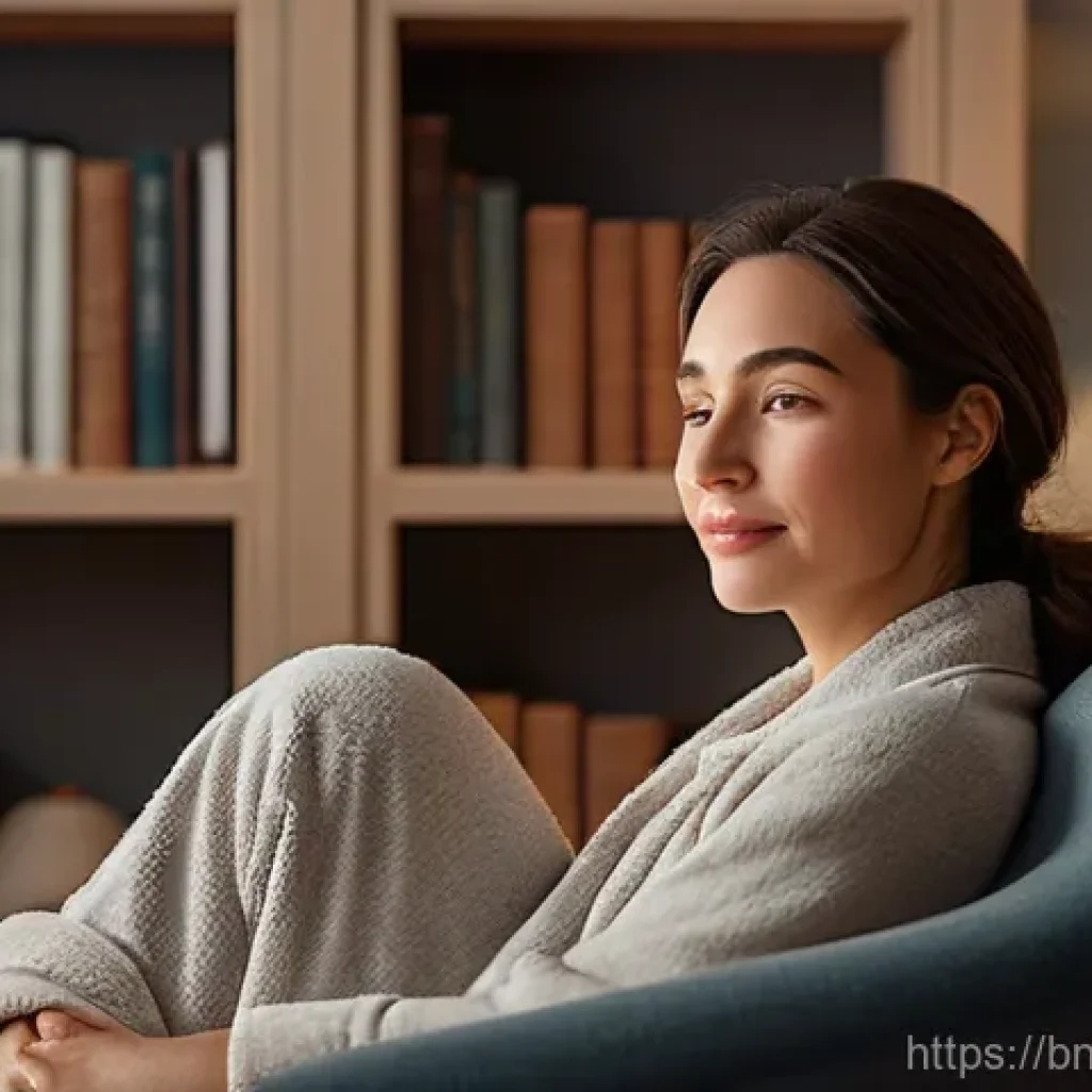 스마트 안마기 추천 - **Prompt:** A tranquil evening scene featuring a woman in her late 30s, dressed in comfortable yet m...