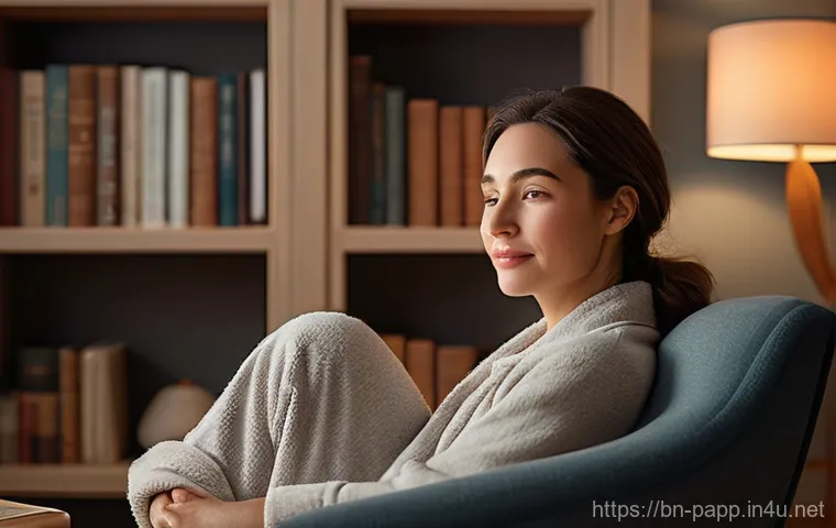 스마트 안마기 추천 - **Prompt:** A tranquil evening scene featuring a woman in her late 30s, dressed in comfortable yet m...