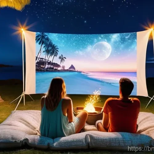 Home 20 모바일 프로젝터 추천 - **Outdoor Movie Night with Friends:** A diverse group of four friends, all in their early twenties, ...
