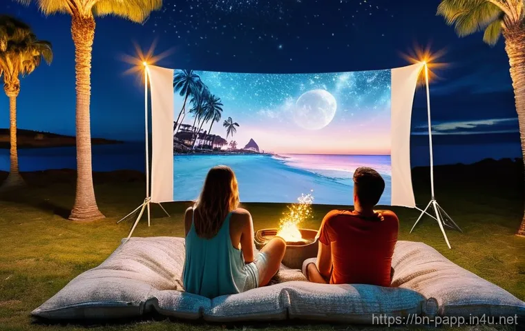 모바일 프로젝터 추천 - **Outdoor Movie Night with Friends:** A diverse group of four friends, all in their early twenties, ...